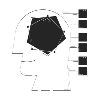 AI-driven analytics doodle line illustration concept. Artificial intelligence data science. Head with radar chart, data blocks 2D outline composition isolated. Hand drawn ink metaphor monochrome vector