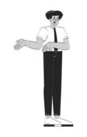 Friendly latino male office worker explaining with gesture doodle linear character. Cheerful hispanic man business casual 2D outline person isolated. Hand drawn drawing illustration monochrome vector