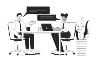 Job interview process doodle lineart illustration. Diverse HR manager jobseeker onboarding. Casual workplace conversation 2D line ink characters isolated on white. Monochrome outline hand-drawn vector