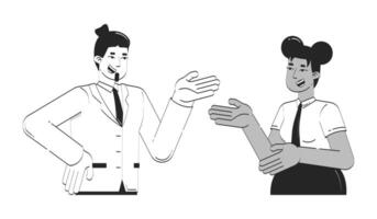 Diverse office colleagues engaged in friendly conversation doodle linear characters. Business dialogue. Positive coworkers 2D outline people isolated. Hand drawn drawing illustration monochrome vector