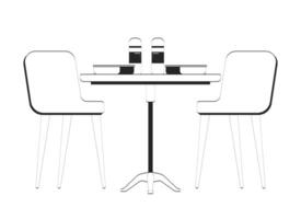 Office cafeteria lunchtime lunch boxes doodle linear object. Breaktime with two chairs table, meal prep thermos 2D outline clip art drawing isolated on white. Hand drawn sketch illustration vector