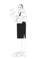 Friendly office worker woman waving hello, holding folder doodle linear character. Blonde female employee greeting 2D outline person isolated. Hand drawn drawing illustration monochrome vector