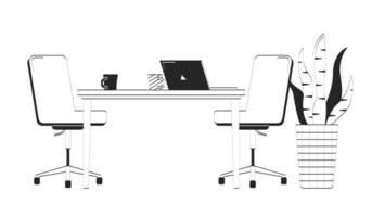 Office setup with laptop and coffee mugs doodle linear object. Desk with swivel chairs, snake plant, notebook 2D outline clip art drawing isolated on white. Hand drawn sketch illustration vector