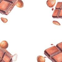 Square watercolor frame with dark chocolate bars, hazelnuts, almonds, and chocolate chips. Sweet dessert-themed border perfect for menus, packaging, invitations, and branding. vector