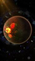 A mysterious planet orbits space with a rocky, textured surface dotted with fiery meteorite craters and volcanoes. video