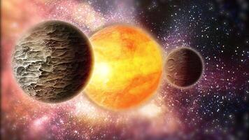 The fiery planet Sun rotates in space. Around it circles a satellite with a mountainous rocky structure. video
