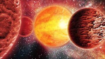 The hot planet Sun rotates in space. Around it circles a satellite with a mountainous rocky structure. video