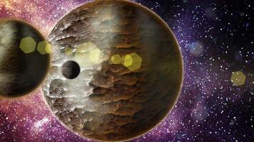 A voluminous planet with a rocky structure rotates in space. Several satellites revolve around it. video