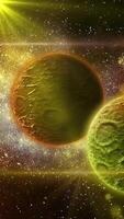 A voluminous golden planet with a rocky structure rotates in space. A satellite rotates around it. video