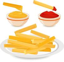 French fries potatoes on a dish and bowls with dipping sauces, mustard or cheese and ketchup. Potatoes, french fries, crisps and chips with dip. vector