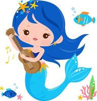 A cute mermaid playing music with her guitar and colorful fish. Beautiful mermaid princess and sea animals under the sea. vector