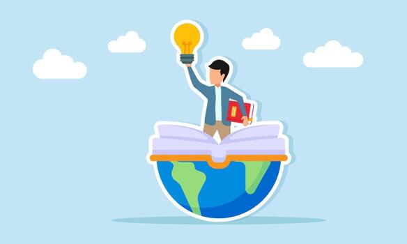 young man holding a lamp and book standing on an open book and half globe illustration of getting ideas and inspiration through reading habits and global encyclopedias vector
