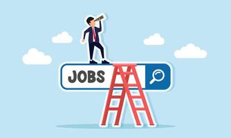 Businessman climbing a search bar labeled jobs while looking through a telescope to the sky illustration of job vacancy hire search and employee recruitment vector
