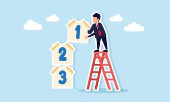 Businessman on ladder attaching number one paper on a line of numbers, illustration of business company milestones achievement vector