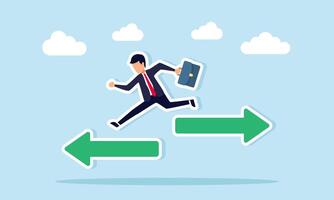 Businessman jumping toward an opposite arrow representing the illustration of changing business direction or policy vector