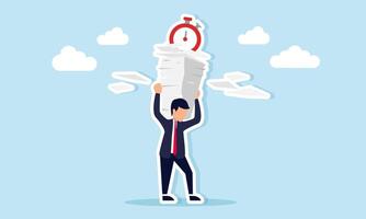 Businessman lifting a tall stack of papers with an alarm clock on top illustration of meeting deadlines to complete business work targets vector