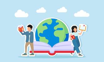 People reading books by the globe vector