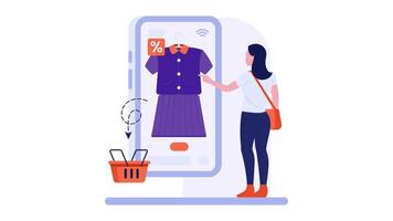 Illustration Animation of 2D Woman Browsing Clothes on Phone, Online Shopping and Fashion Retail Concept in 4K Resolution video