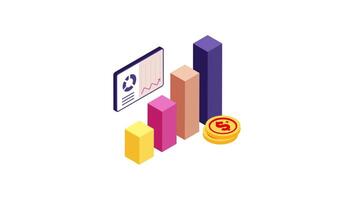 Isometric Coin and Bar Graph Chart Icon Animation, 2D Financial Growth Illustration for Investment, Analytics, and Business Strategy video