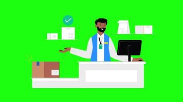 Man in Blue Shirt Standing at Counter with Box, 2D Animation Representing Parcel Pickup, Delivery Service, and Customer Interaction video