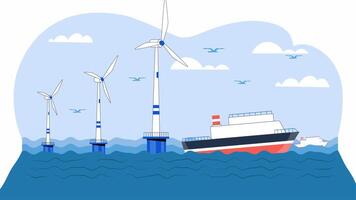 Boat with Wind Turbines Sailing in Ocean, 2D Illustration Animation Depicting Marine Renewable Energy and Sustainability in 4K Resolution video