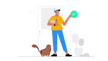 Man Holding Check Mark, 2D Animation Representing Completed Parcel Delivery, Confirmation, and Successful Logistics in 4K Resolution video