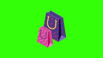 Isometric Shopping Bags Icon Animation on Green Background, 2D Illustration for Retail, E-commerce, and Shopping Concept in 4K video