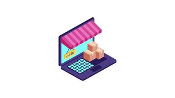 Laptop with Boxes Illustration and Mobile Shop Icon Animation, 2D Digital Shopping and E-commerce Concept in Crisp 4K Resolution video