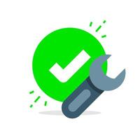 Illustration of wrench and check mark. successful repair, completed maintenance, or resolved technical issues. for concepts of system fix, mechanical service done or software troubleshooting complete vector