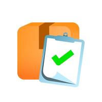 illustration of cardboard box with clipboard, check mark. passed quality control, product inspection approval, verified goods. Flat style, for manufacturing, logistics, shipping or assurance themes vector