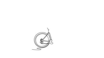 Animated self drawing of continuous line draw beautiful female cyclist with helmet leaning on road bike and looking away. Active sportswoman posing with gravel bicycle. Full length one line animation video