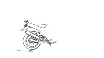 Animated self drawing of continuous line draw side view of classic motorbike on white background. Asian urban citizen motorcycle for daily routine activity or delivery. Full length one line animation video