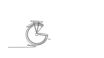 Self drawing animation of single line draw classic city bike with basket standing on white background. Eco friendly transportation. Urban healthy lifestyle. Continuous line draw. Full length animated video
