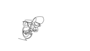 Self drawing animation of single line draw custom bobber motorbike parked in workshop garage. Old classic motorcycle featuring beautifully crafted chrome element. Continuous line. Full length animated video