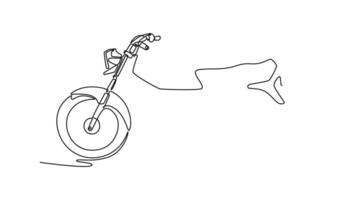 Animated self drawing continuous line draw side view of vintage retro motorbike on white background. Asian urban citizen motorcycle for commuting daily routine activity. Full length one line animation video