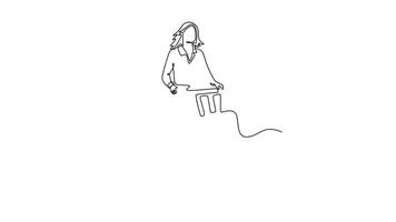 Animated self drawing of continuous line draw young beautiful woman with active and fitness lifestyle choosing to use green and eco friendly bike in her commute to work. Full length one line animation video