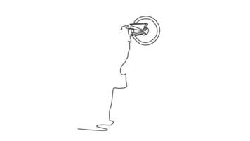 Animated self drawing of continuous line draw male cyclist lifting his road bike into the air. Fit man athlete holds bike above head after successfully winning the race. Full length one line animation video