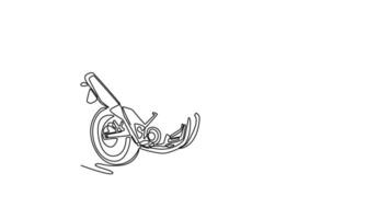 Self drawing animation of single line draw dirt bike designed for motocross events featuring advanced suspension and aggressive tread tires for maximum traction. Continuous line. Full length animated video