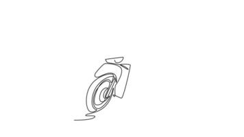 Animated self drawing of continuous line draw motor scooter moped in outdoor city street. Mobility on two wheels motorcycle in modern urban citizen routine lifestyle. Full length single line animation video