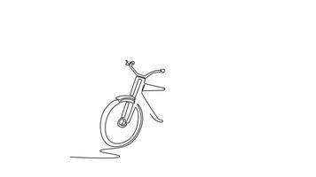 Self drawing animation of single line draw young female commuter on the way to work, riding bike on the street, sustainable lifestyle. Urban eco transport. Continuous line draw. Full length animated video