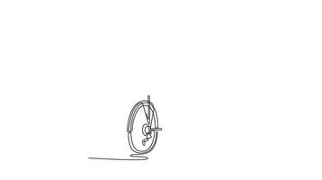 Self drawing animation of single line draw back view of female worker commuter with electric bicycle traveling home from work. Commute on bike, healthy lifestyle. Continuous line. Full length animated video