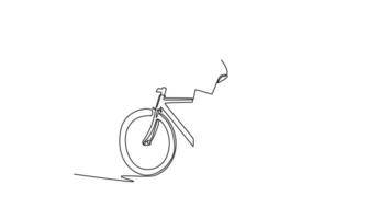 Animated self drawing continuous line draw back view of healthy fit female cyclist wearing cycling kit and helmet riding on the road on a gravel bike. Sports motivation. Full length one line animation video