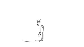 Animated self drawing of continuous line draw business executive with helmet and briefcase commuting by bike happy. Commute on bike, eco transport, healthy lifestyle. Full length single line animation video