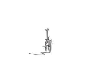 Self drawing animation of single line draw beauty female employee walking next to her bicycle. Eco friendly transport and healthy active lifestyle concept. Continuous line draw. Full length animated video