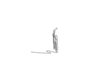 Animated self drawing of continuous line draw back view of happy male cyclist worker in helmet goes to work with briefcase. Urban eco transport and healthy lifestyle. Full length single line animation video