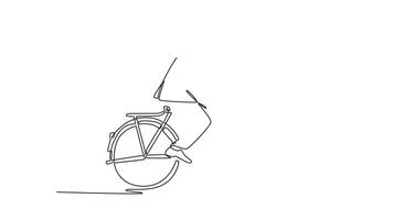 Animated self drawing of continuous line draw side view attractive businessman going to work by bike. Male worker go to work office with his bicycle. Healthy lifestyle. Full length one line animation video
