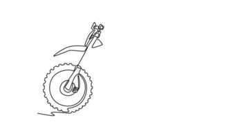 Self drawing animation of single line draw side view of dirt bike for motocross competition. Trick training featuring aggressive tread tires for maximum traction. Continuous line. Full length animated video