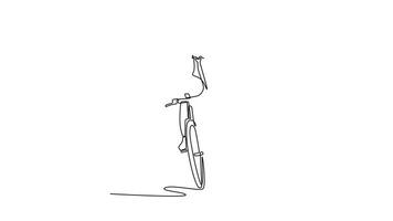 Animated self drawing of continuous line draw hurry businessman riding bike in rush hour. Young man late for train work, meeting. Office life, business competition. Full length single line animation video