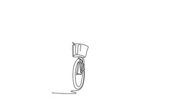 Animated self drawing of continuous line draw attractive male employee in formal suit posing next to his bicycle. Eco friendly transport and healthy commuting lifestyle. Full length one line animation video