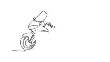 Animated self drawing of continuous line draw classic luxury touring motorcycle on white background. Stylish custom motorbike for adventure, travelling, and vacation. Full length single line animation video